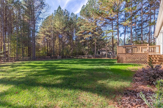 view of yard with a wooden deck and fence