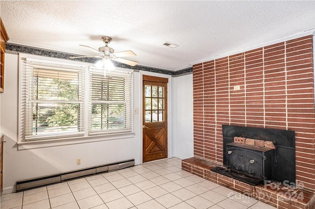 unfurnished living room featuring a textured ceiling, light tile patterned flooring, a baseboard radiator, and ceiling fan