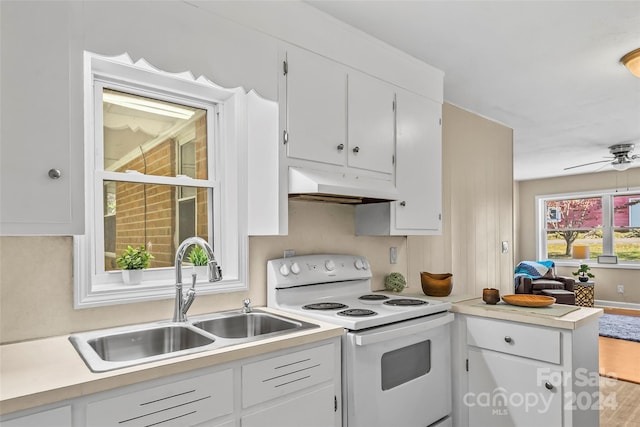 kitchen featuring hardwood / wood-style flooring, white range with electric cooktop, sink, and white cabinets