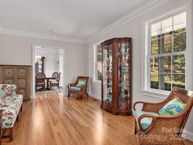 sitting room featuring crown molding and light hardwood / wood-style flooring