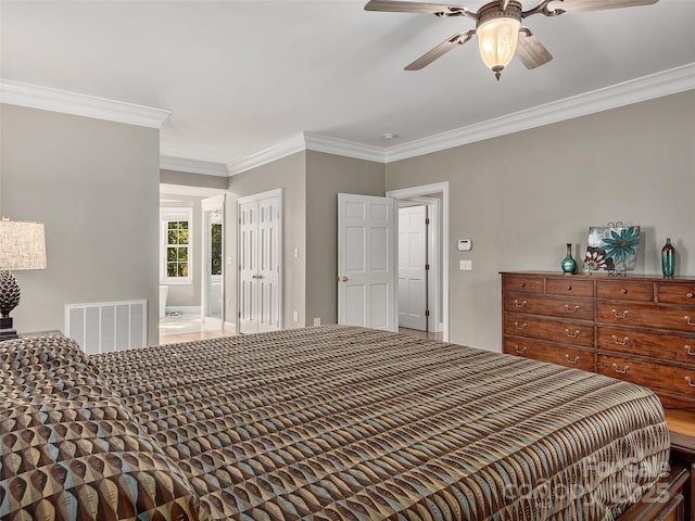 bedroom featuring ceiling fan, visible vents, and ornamental molding