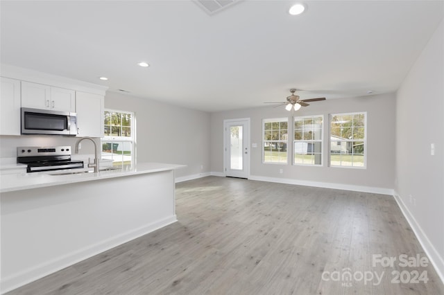 kitchen with appliances with stainless steel finishes, a healthy amount of sunlight, and light hardwood / wood-style flooring