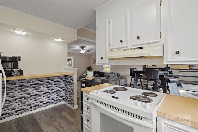 kitchen featuring dark hardwood / wood-style flooring, a textured ceiling, ceiling fan, white electric stove, and white cabinets