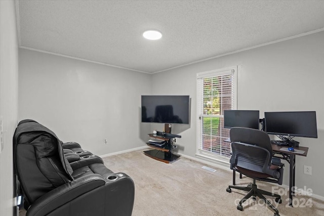 office area with carpet flooring, a textured ceiling, and ornamental molding