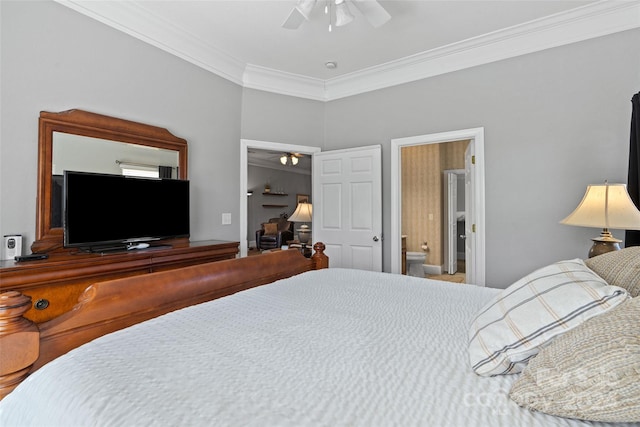 bedroom featuring crown molding, ensuite bathroom, and ceiling fan