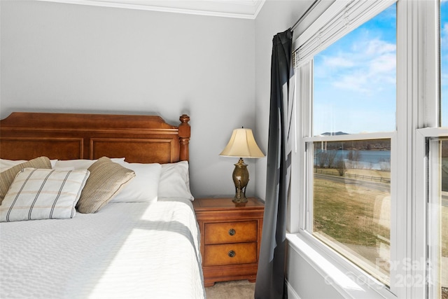 carpeted bedroom with ornamental molding