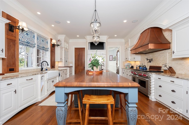 kitchen featuring dark wood-type flooring, double oven range, a center island, white cabinets, and premium range hood