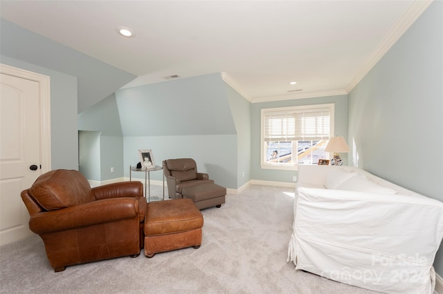 living area featuring lofted ceiling, light colored carpet, and crown molding