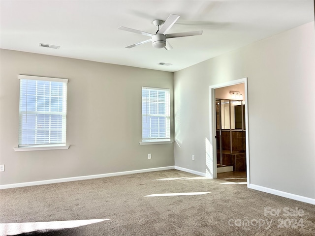 spare room featuring carpet flooring, ceiling fan, and plenty of natural light