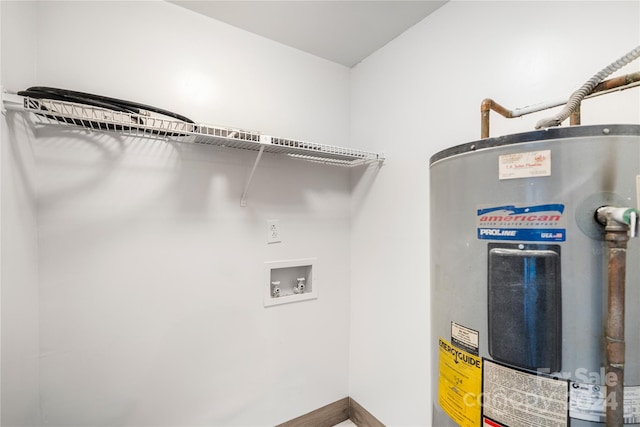 clothes washing area featuring electric water heater and hookup for a washing machine