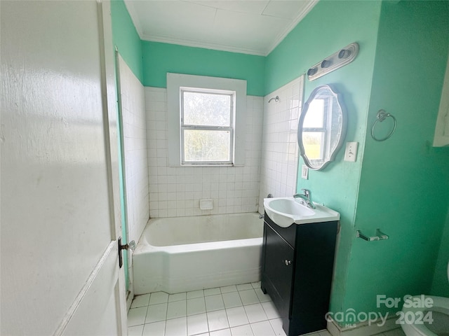 full bathroom featuring tile patterned flooring, vanity, toilet, and ornamental molding