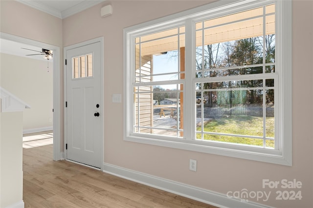 doorway to outside with ceiling fan, a healthy amount of sunlight, ornamental molding, and light hardwood / wood-style flooring