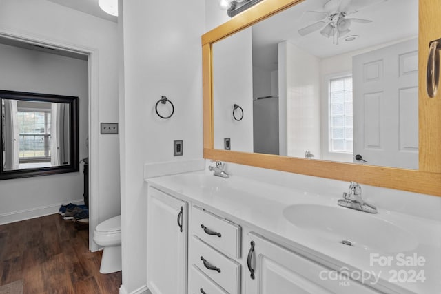 bathroom with a wealth of natural light, wood-type flooring, vanity, and toilet