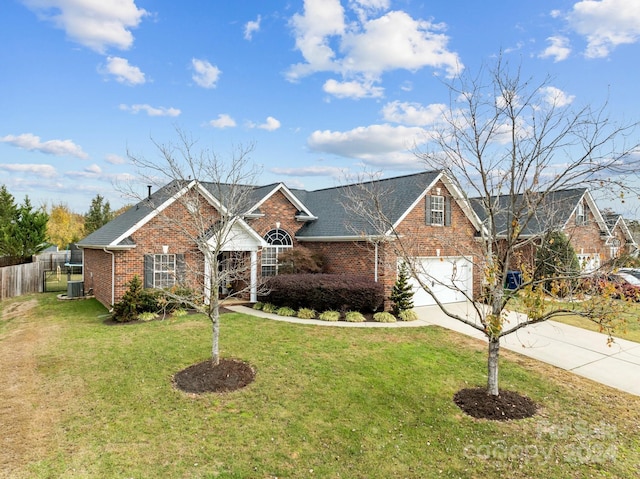 view of front of property featuring central AC unit and a front lawn