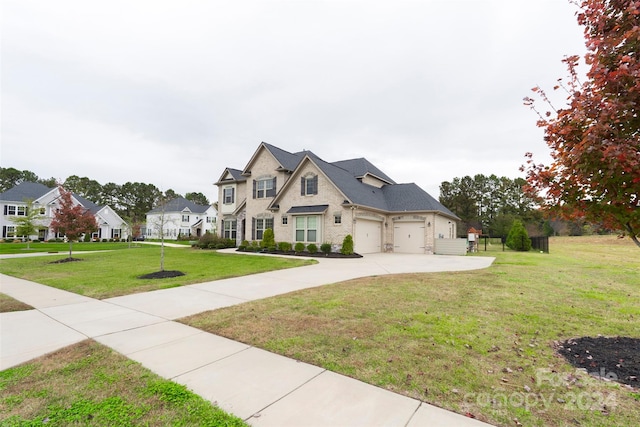 view of front of house featuring a front lawn and a garage