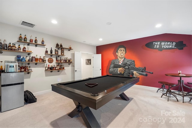 playroom featuring light carpet, bar area, and billiards