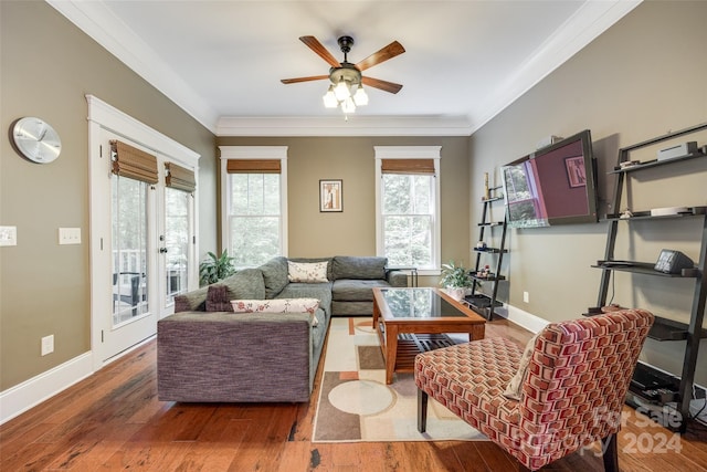 living room with ornamental molding, french doors, wood-type flooring, and ceiling fan