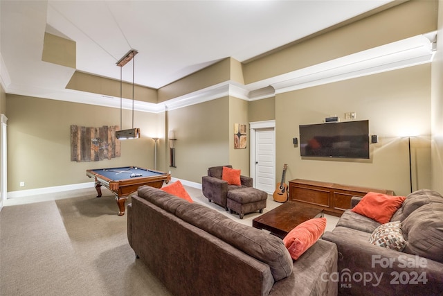 recreation room featuring crown molding, billiards, and carpet flooring