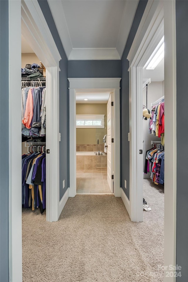 hallway with crown molding and carpet flooring