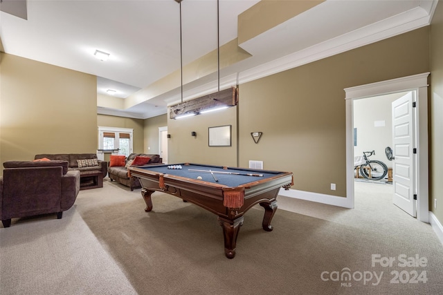 rec room featuring carpet, billiards, and ornamental molding