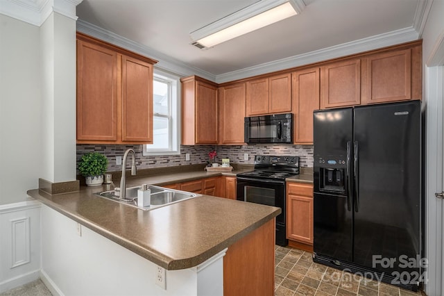 kitchen featuring black appliances, sink, ornamental molding, kitchen peninsula, and decorative backsplash