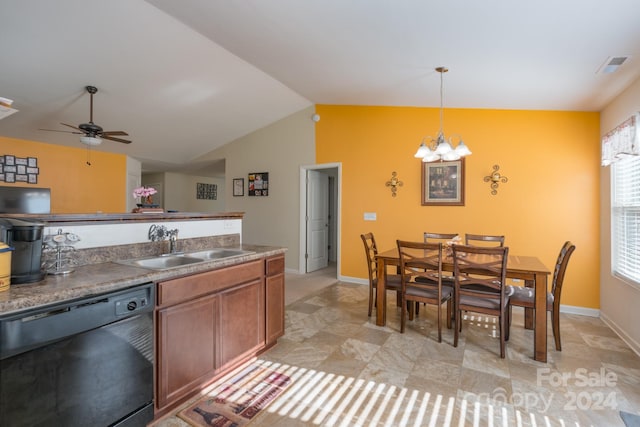 kitchen with hanging light fixtures, vaulted ceiling, dishwasher, ceiling fan with notable chandelier, and sink