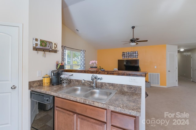 kitchen with black dishwasher, sink, light carpet, ceiling fan, and vaulted ceiling