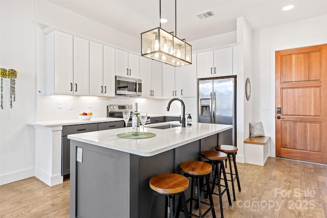 kitchen with a center island with sink, visible vents, white cabinets, appliances with stainless steel finishes, and light countertops