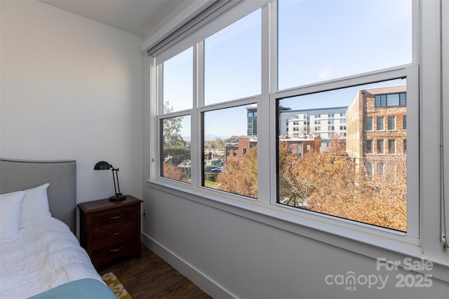 bedroom featuring multiple windows, baseboards, and dark wood-style flooring