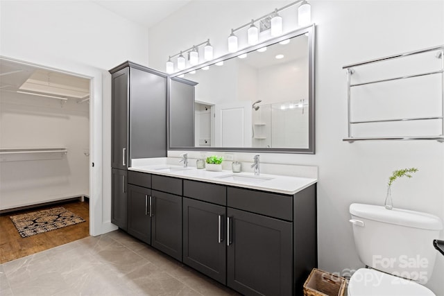 bathroom with double vanity, a sink, a walk in closet, and a shower with door