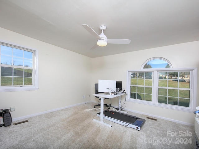 office with carpet, plenty of natural light, and ceiling fan