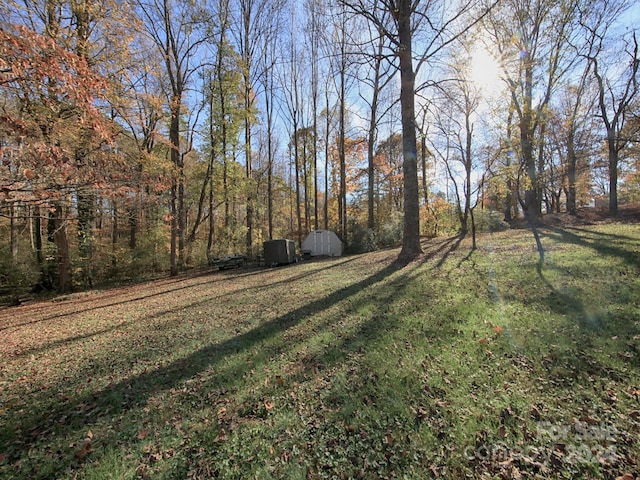 view of yard featuring a storage shed