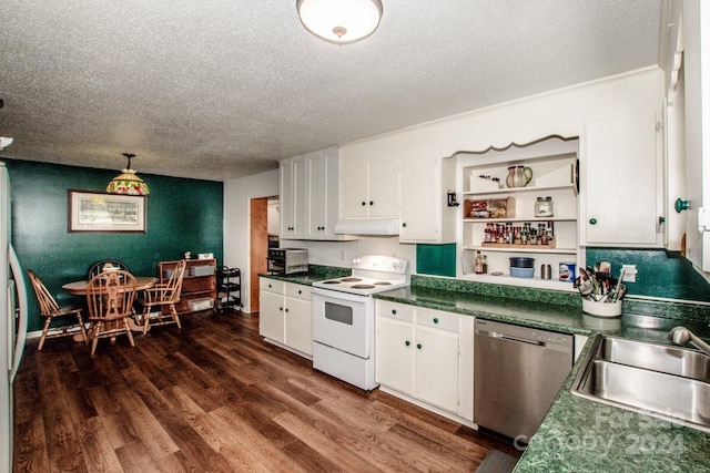 kitchen with dishwasher, white cabinetry, dark wood-type flooring, and white electric stove