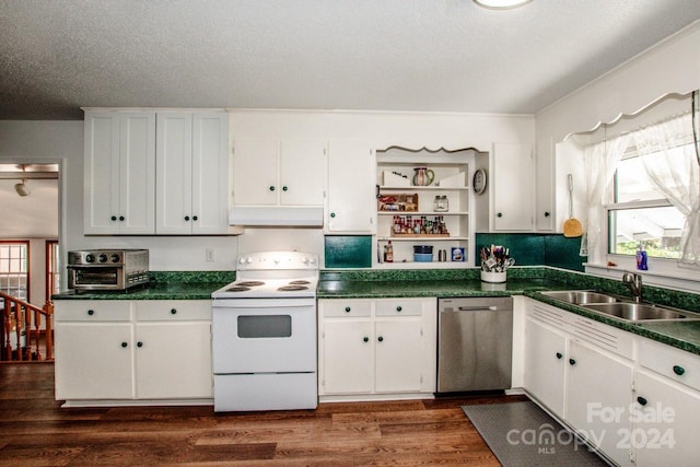 kitchen featuring dishwasher, electric range, white cabinets, and dark hardwood / wood-style flooring