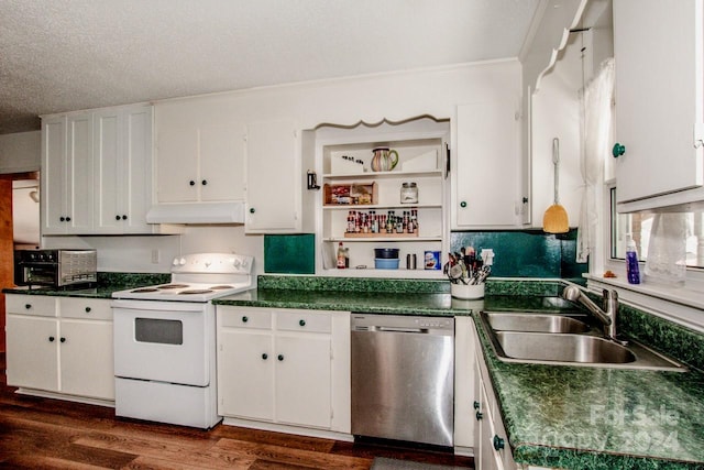 kitchen featuring dishwasher, white range with electric stovetop, sink, white cabinets, and dark hardwood / wood-style flooring