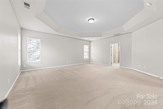 carpeted empty room with a tray ceiling