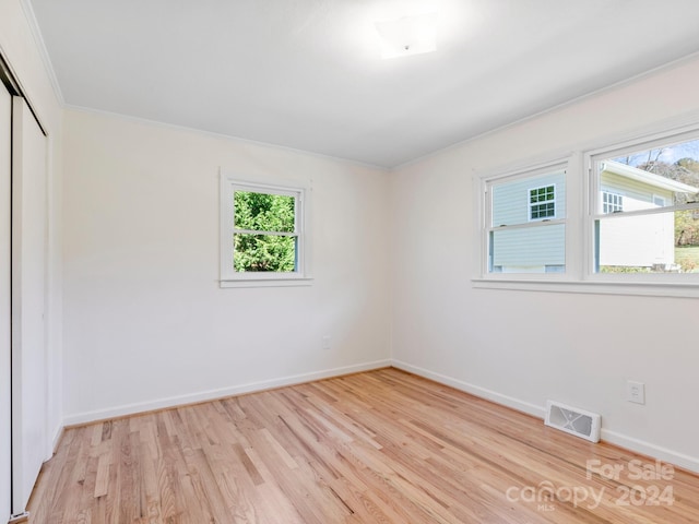 spare room featuring light wood-type flooring and ornamental molding