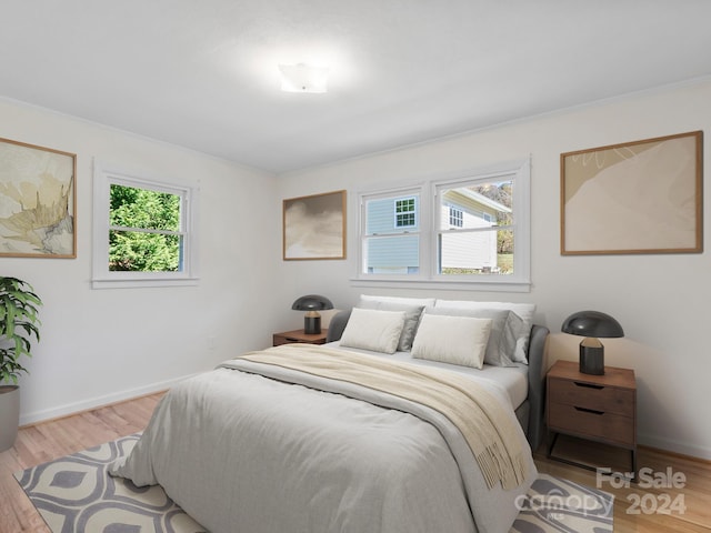 bedroom featuring multiple windows and light hardwood / wood-style floors