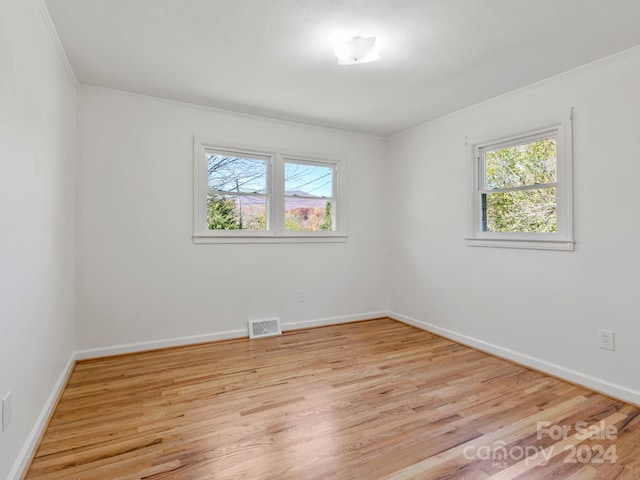 empty room featuring crown molding and light hardwood / wood-style flooring