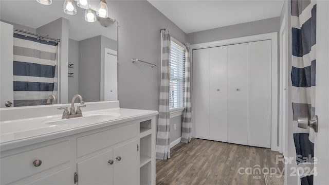 bathroom featuring hardwood / wood-style flooring and vanity