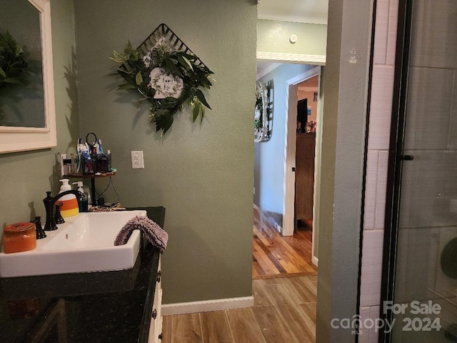 bathroom with hardwood / wood-style floors, vanity, and walk in shower