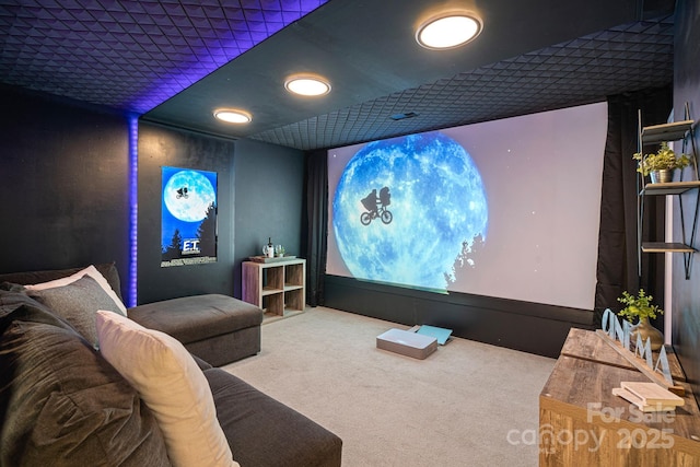 home theater room with carpet flooring