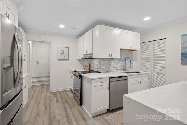 kitchen featuring white cabinetry, appliances with stainless steel finishes, sink, and decorative backsplash