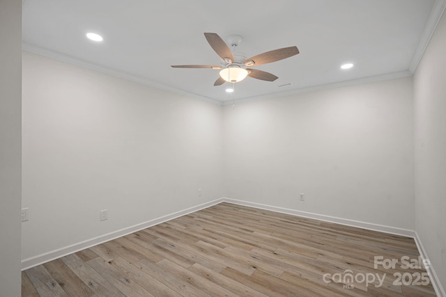 unfurnished room with crown molding, ceiling fan, and light wood-type flooring