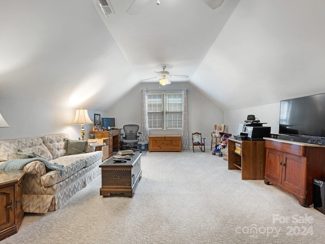 carpeted living room with lofted ceiling and ceiling fan