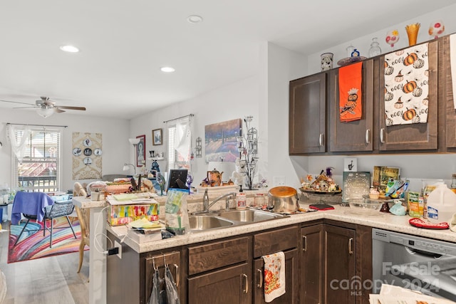 kitchen featuring kitchen peninsula, dark brown cabinets, stainless steel dishwasher, and sink