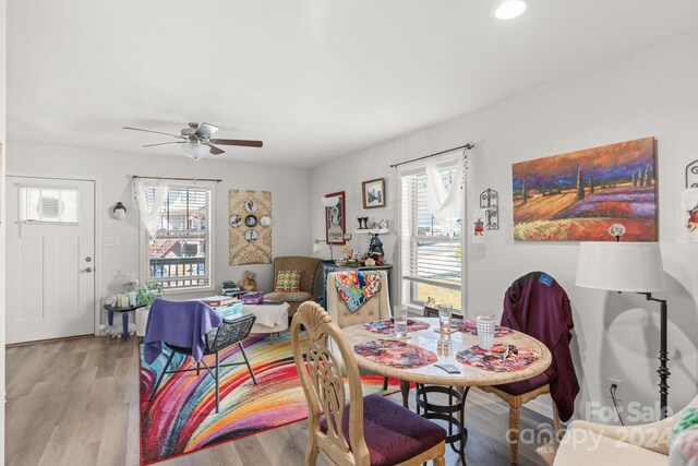 dining room with light wood-type flooring, a healthy amount of sunlight, and ceiling fan