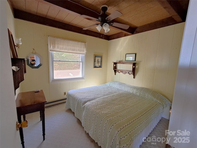 bedroom featuring a baseboard heating unit, ceiling fan, wood ceiling, and beamed ceiling