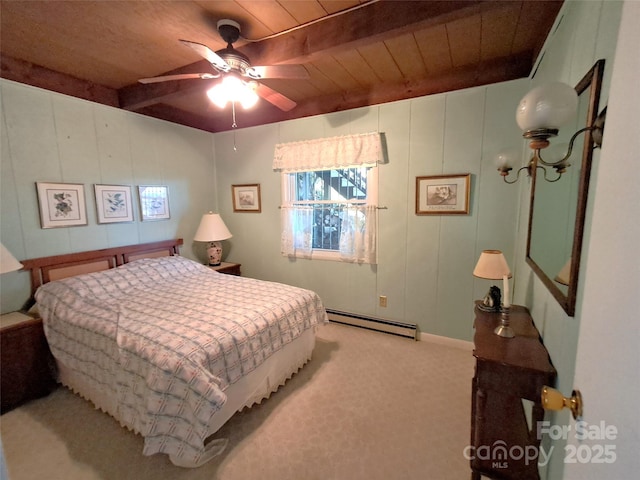 carpeted bedroom with a baseboard heating unit, ceiling fan, beamed ceiling, and wooden ceiling