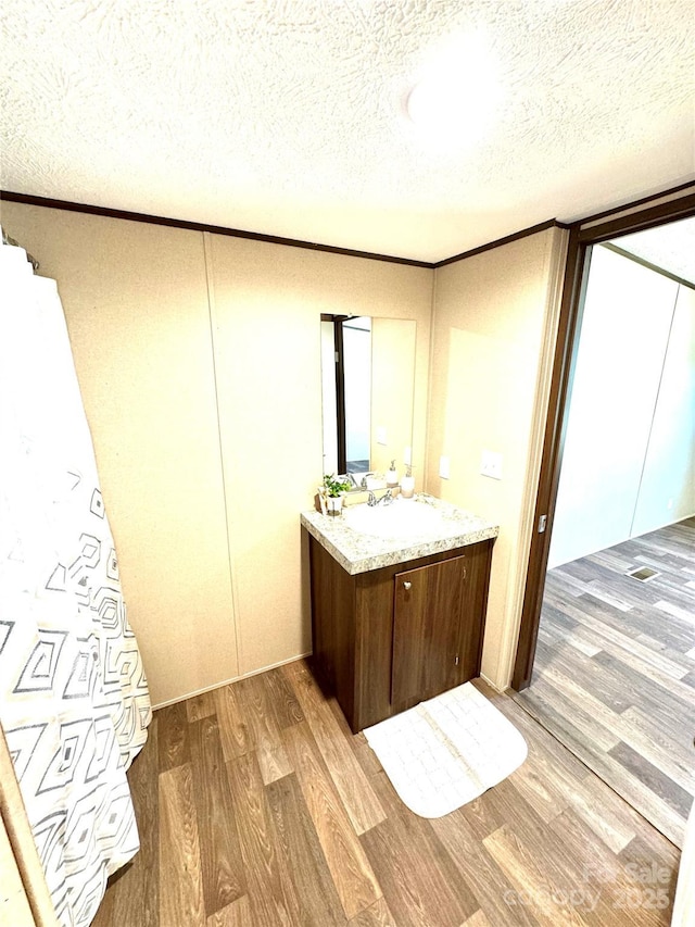 bathroom with wood-type flooring, vanity, a textured ceiling, and ornamental molding